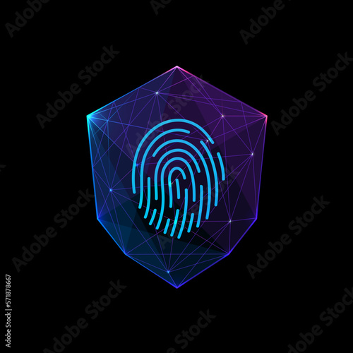 Abstract polygonal Shield with finger print. Insurance and assurance concept. Futuristic polygonal illustration isolated on blue background. Digital neon technology sign. 