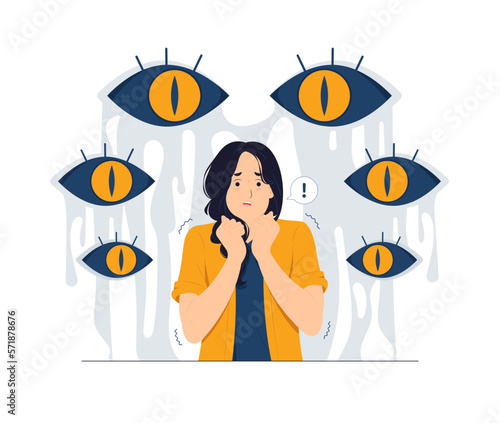 Spooky eyes looking at Frightened girl scared of dark at night, surrounded by giant eyes, Schizophrenia, post-traumatic stress disorder, shocked concept illustration