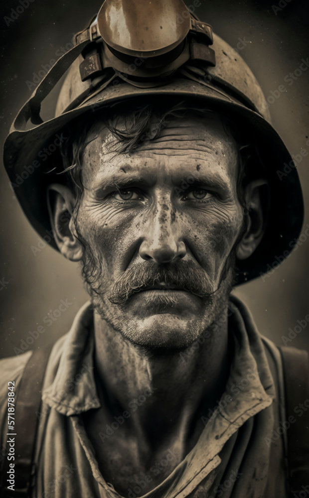 Weathered face of a coal miner in vintage photography style Generative AI