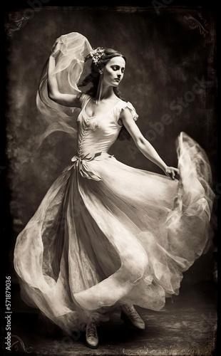 Female ballerina dancer posing vintage damaged photograph style Generative AI photo