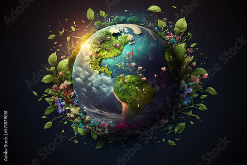 Green floral planet Earth  Earth Day concept background  Generative AI