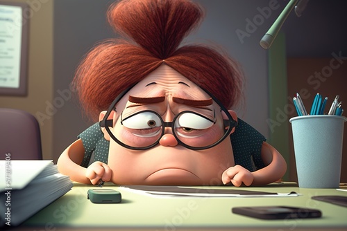 an illustration of a tired and exhausted female office worker with burnout as a cartoon character