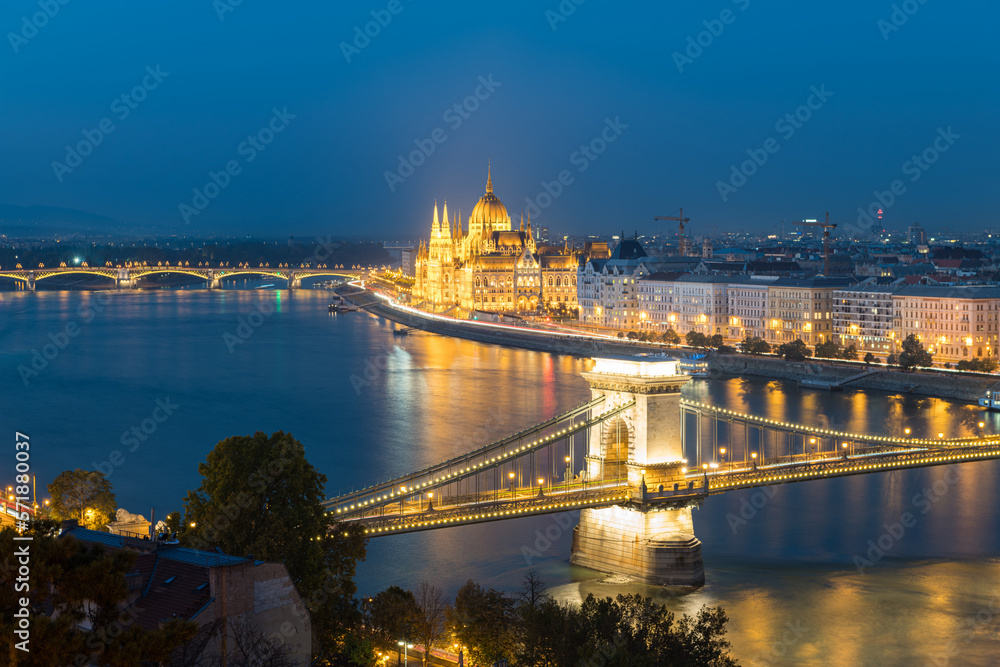Hungarian Parliament Building with Chain Bridge, Budapest, Hungary
