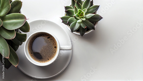 Cup of coffee with succulent on a white table, view from above, Generative AI