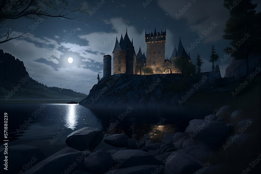 night landscape with castle by the lake and moon made with generative ai