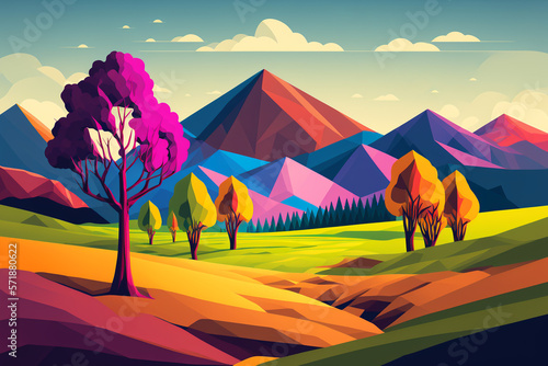 Colorful polygonal landscape with mountains  frees and field  Generative AI 