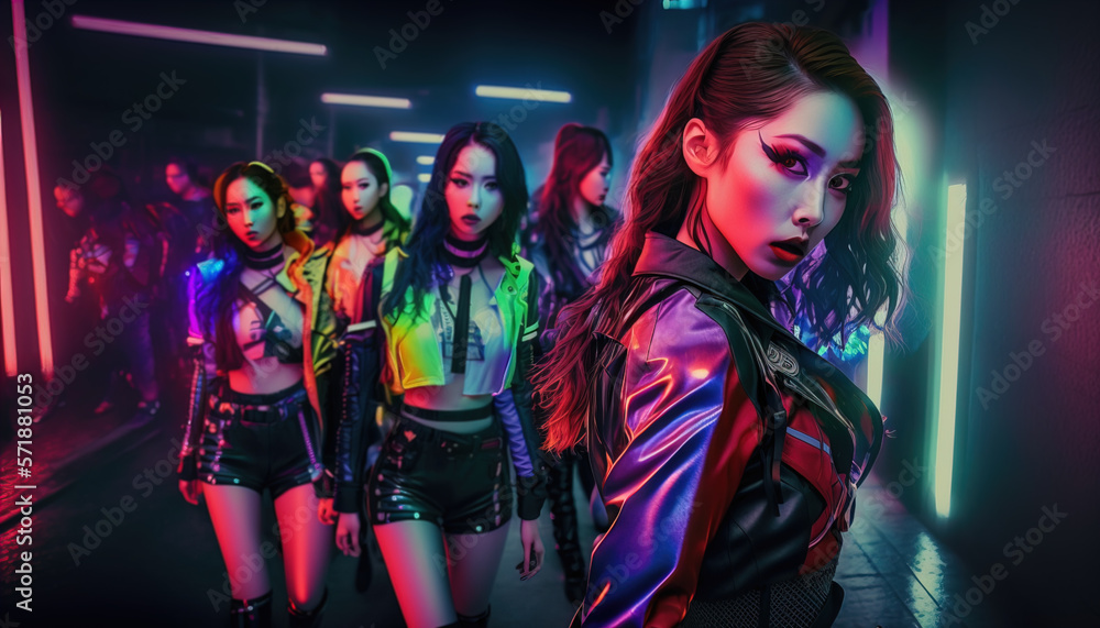 Four young k-pop dancers with neon lights at the street on the night. AI generative illustration Four young k-pop dancers with neon lights at the street on the night. AI generative illustration