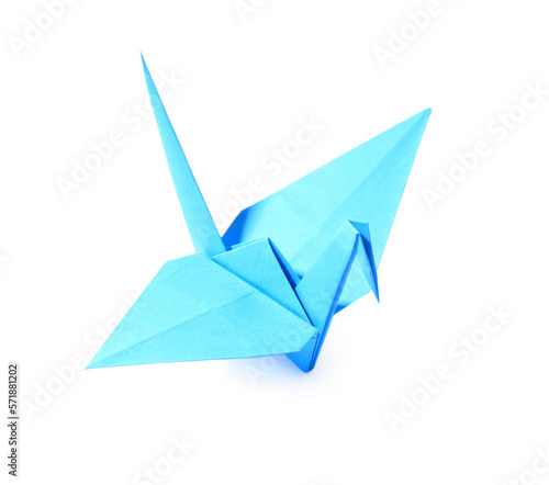 Origami art. Blue handmade paper crane isolated on white  above view