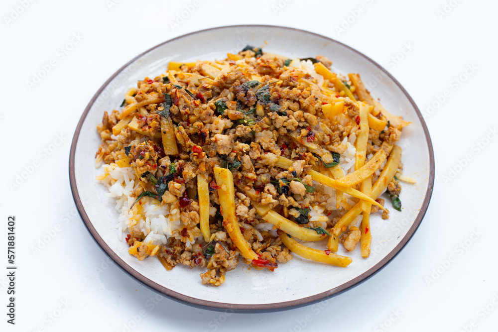 Rice with spicy stir fried pork with holy basil and preserved bamboo shoot Rice with spicy stir fried pork with holy basil and preserved bamboo shoot