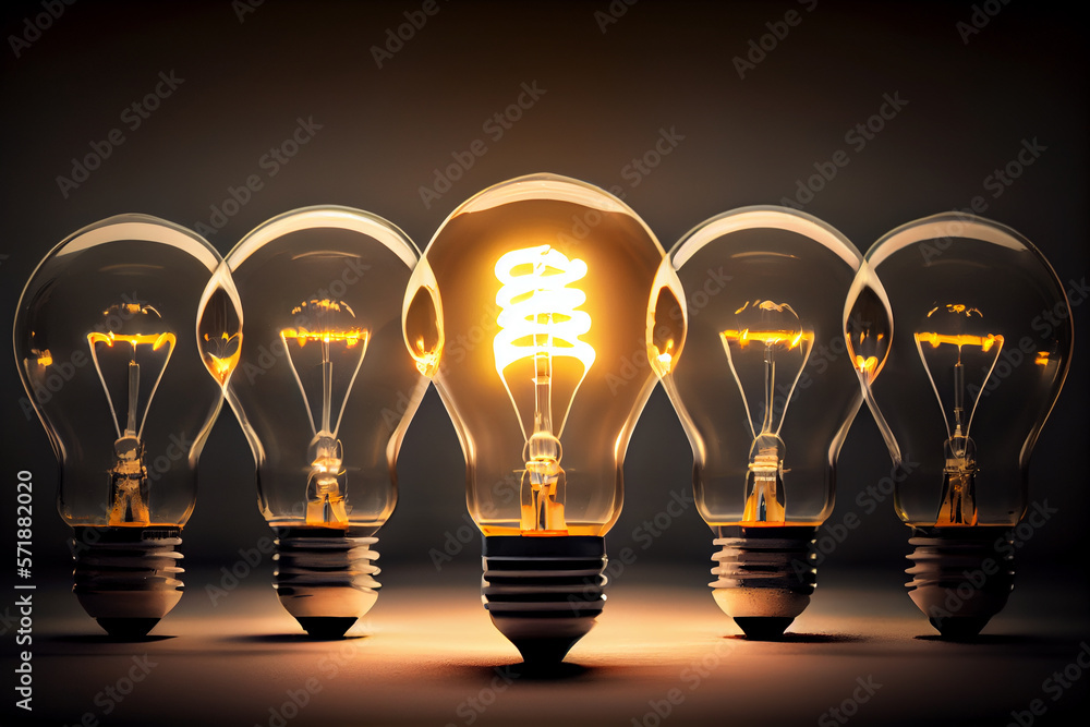 Glowing light bulb in a row of extinct. AI generated Glowing light bulb in a row of extinct. AI generated