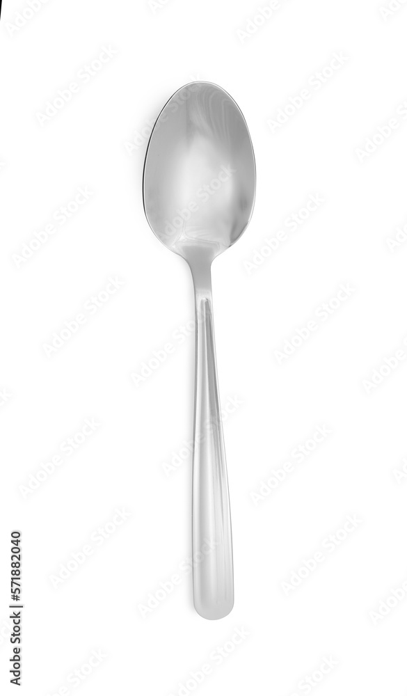 One new shiny tea spoon isolated on white, top view One new shiny tea spoon isolated on white, top view