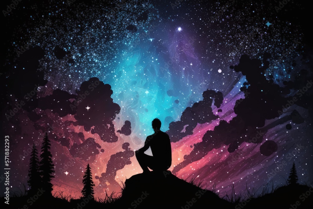 Silhouette of a man sitting with his legs crossed meditating with a galaxy background generative ai