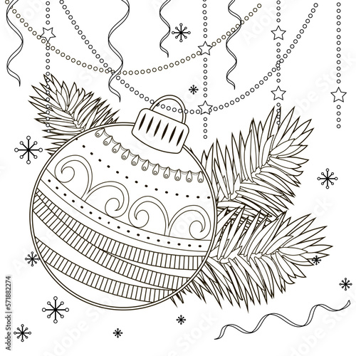 Contour drawing of a Christmas ball with a doodle pattern. Decorative element for the design. Anti-stress coloring book for children and adults.