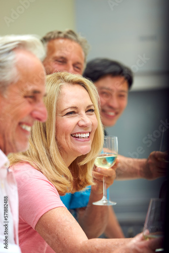 Group Of Multi-Cultural Senior Friends On Summer Vacation Meeting For Drinks In Holiday Apartment