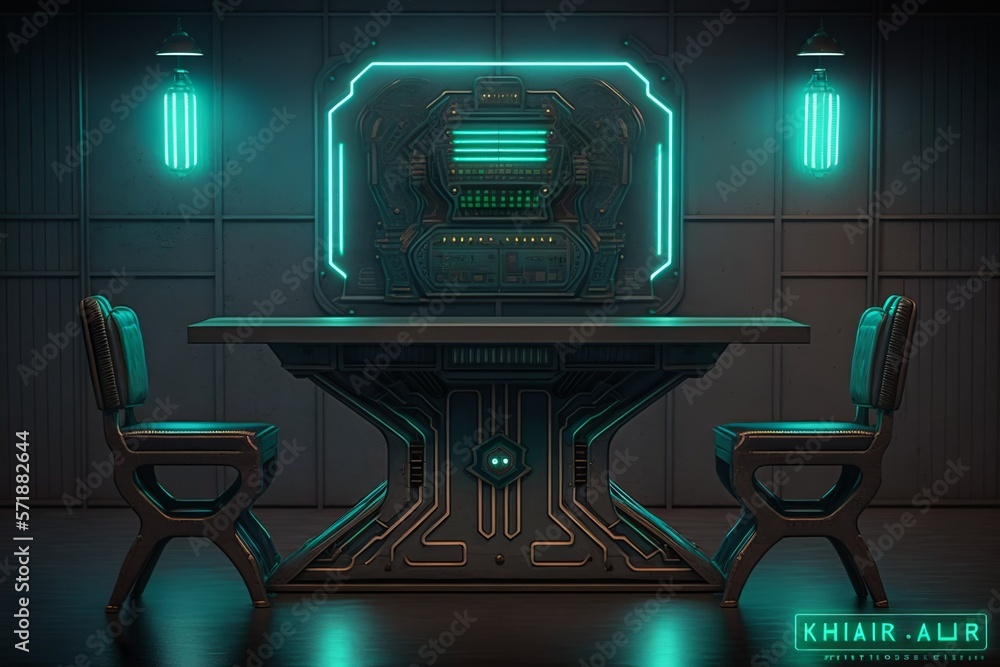 Dark sci-fi cyberpunk computer room with terminal screen device and ...