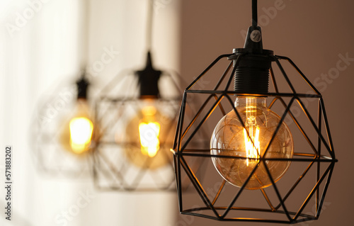 Decorative antique edison style light bulbs inside a modern apartment. Light inside the living room. © Dragoș Asaftei