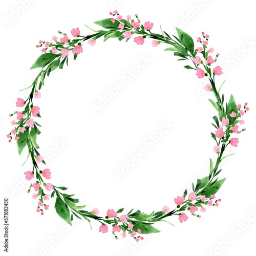 Watercolor greenery branches frame. Floral wreath template on white background. © YustasArt