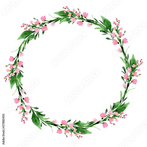 Watercolor greenery branches frame. Floral wreath template on white background.