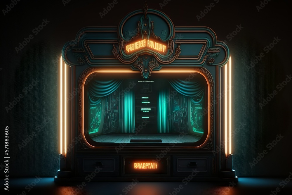 Dark sci-fi art deco victorian theater hall interior full of mechanical