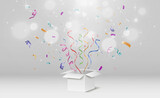 	
Box with flying confetti.Illustration for the holiday.
