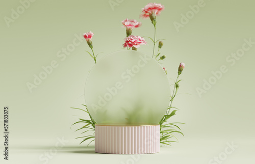 Fototapeta Naklejka Na Ścianę i Meble -  3D podium display. Green background with pink flowers and grass. Nature pedestal for beauty, cosmetic product presentation. Summer and spring mockup.  3d render template with circle glass frame