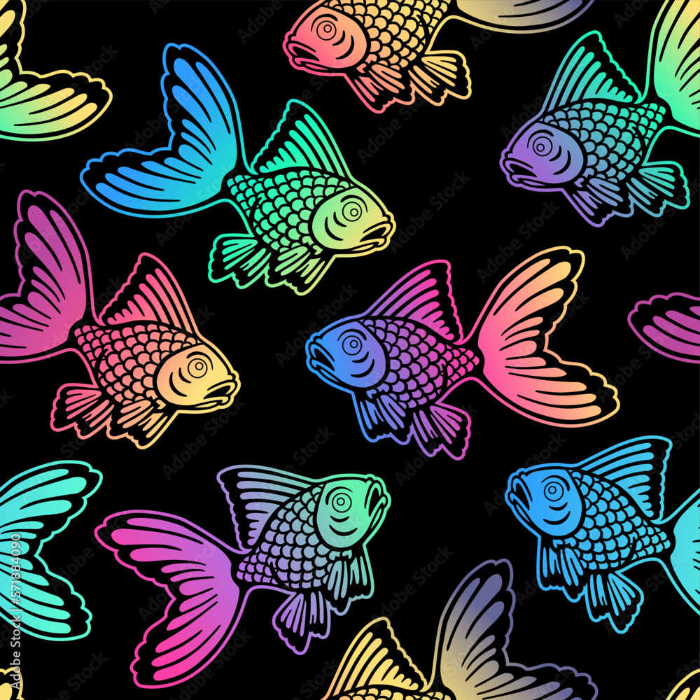 Pattern with fish. Multi-colored fishes on a black background. Seamless pattern. Pattern with fish. Multi-colored fishes on a black background. Seamless pattern.