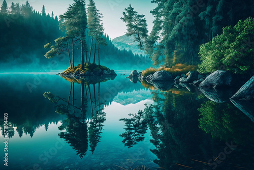 beautiful lake, with views of trees and mountainsc, generative ai