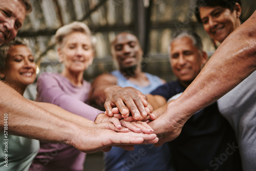 Konstfotografi Teamwork, hands together and senior people in gym for motivation, solidarity and team building