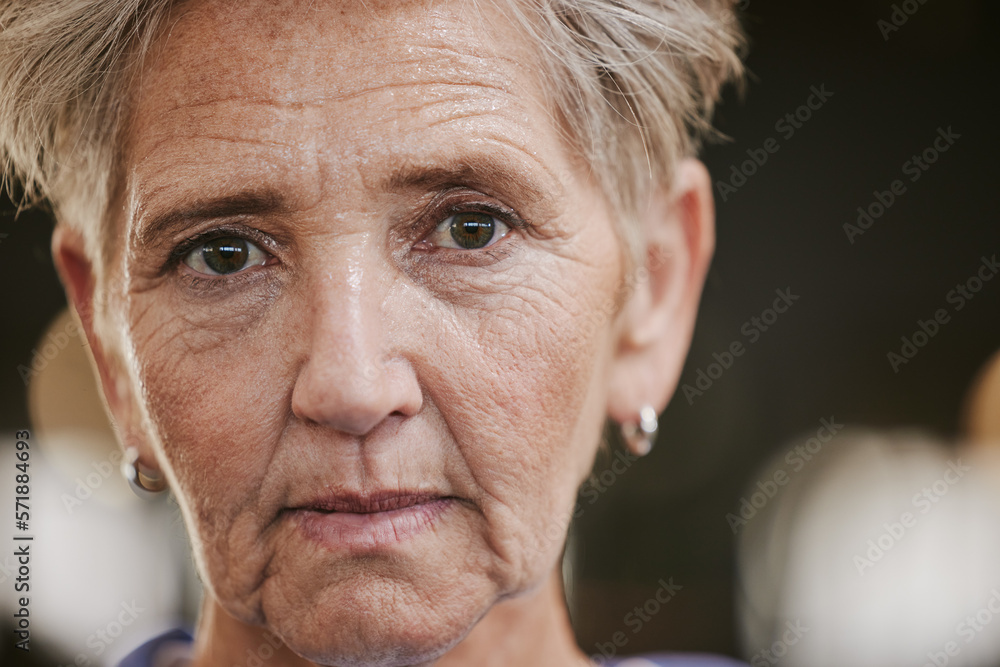 Serious, tired and portrait of a senior woman at the gym for fitness, exercise and cardio training. Athlete, health and face of an elderly person at a club for a workout and sports in retirement Serious, tired and portrait of a senior woman at the gym for fitness, exercise and cardio training. Athlete, health and face of an elderly person at a club for a workout and sports in retirement