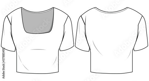 Scoop Neck Crop Top, Square Neck Crop T-shirt Front and Back View. Fashion Illustration, Vector, CAD, Technical Drawing, Flat Drawing, Template, Mockup	