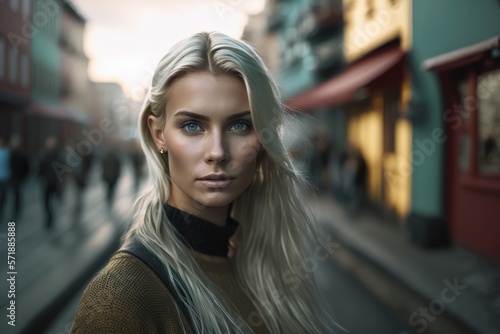 Portrait of young beautiful blonde woman. Digitally AI generated image.