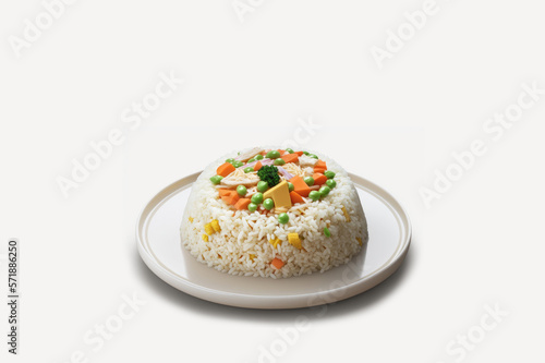 A Plate of Japanese Fried Rice with vegetables in White Background