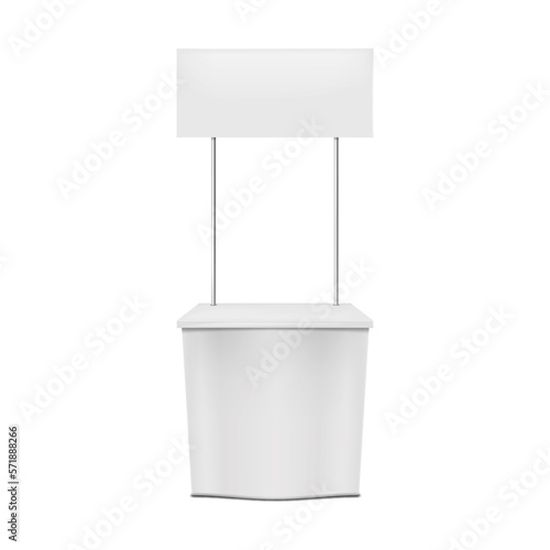 Blank promotional table counter on white background vector mockup. Advertising stand realistic mock-up. Template for design