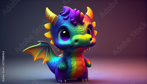 Illustration of a rainbow dragon on blurred background. Generative AI.