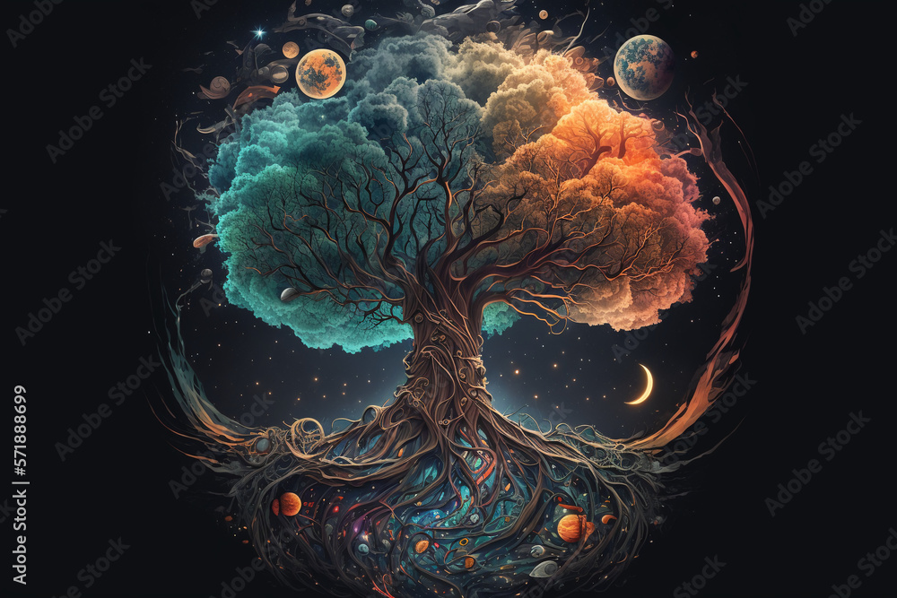 Galactic tree. Magic tree. Neon tree. AI generation