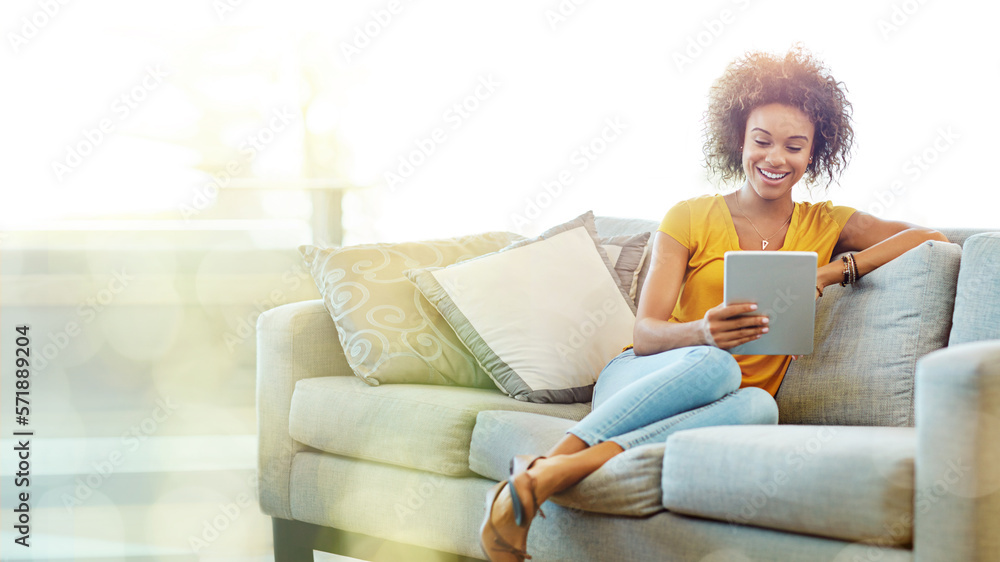 Black woman, tablet and sofa with mockup space with smile, blurred