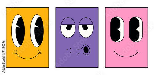 Collection of groovy posters 70s. Different face cover. Vintage prints face. Bright hippie characters. Placard for print.