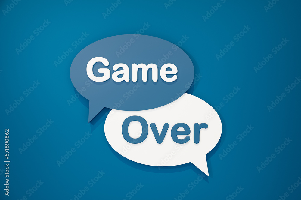 Game over. Speech bubble in blue and white. Lost, defeated and no game. 3D illustration Game over. Speech bubble in blue and white. Lost, defeated and no game. 3D illustration
