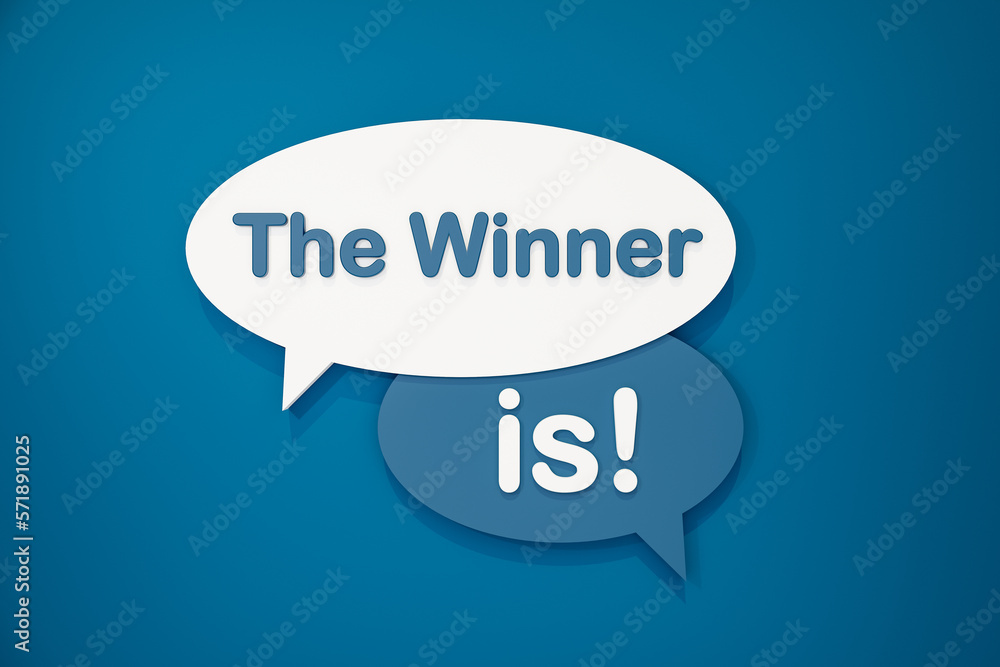 The winner is. Speech bubble in blue and white. Competition, champion and award ceremony. 3D illustration The winner is. Speech bubble in blue and white. Competition, champion and award ceremony. 3D illustration