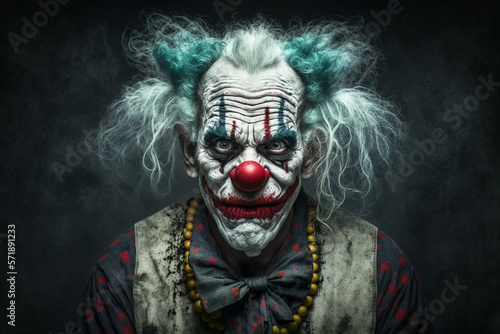 Headshot of a smiling clown on a dark background