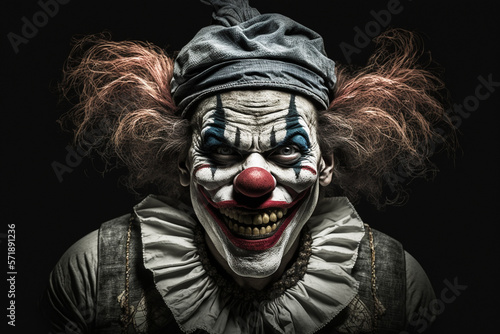 Headshot of a smiling clown on a dark background