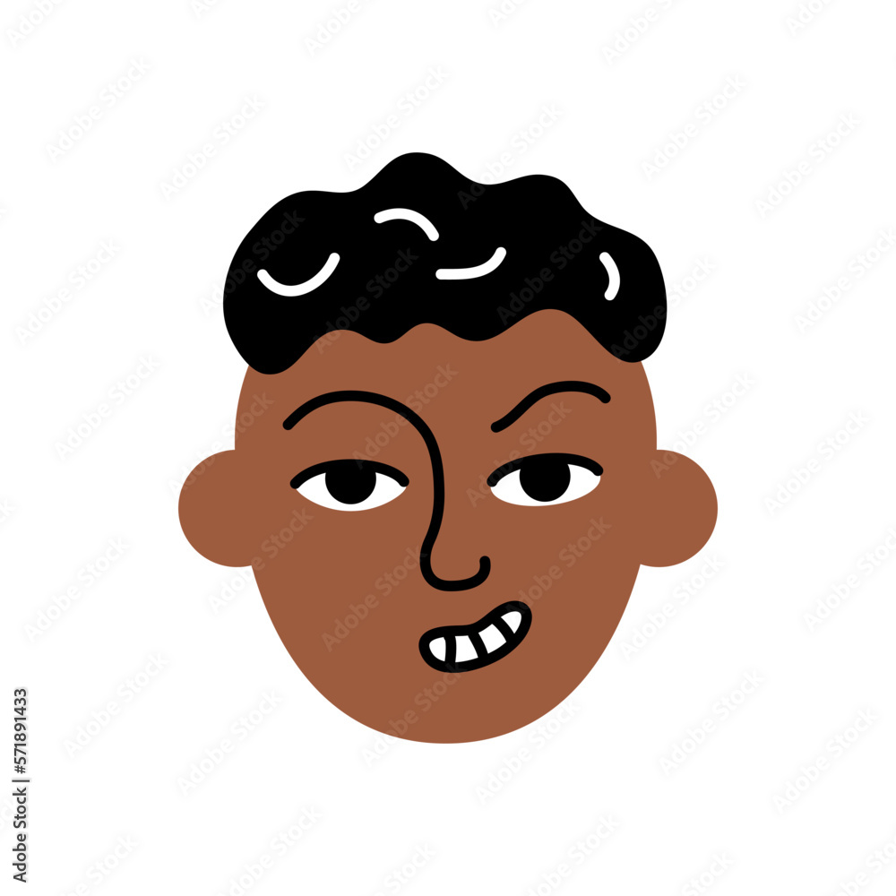 Angry boy avatar. Upset African American schoolboy in bad mood. Boy face portrait with emotional facial expression hand drawn doodle sketch vector illustration isolated on white Angry boy avatar. Upset African American schoolboy in bad mood. Boy face portrait with emotional facial expression hand drawn doodle sketch vector illustration isolated on white