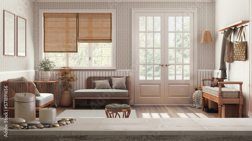 Fotografie Wooden vintage table top or shelf with candles and pebbles, zen mood, over farmh