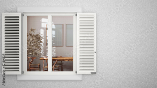 Exterior plaster wall with white window with shutters  showing interior farmhouse dining room  blank background with copy space  architecture design concept idea  mockup template