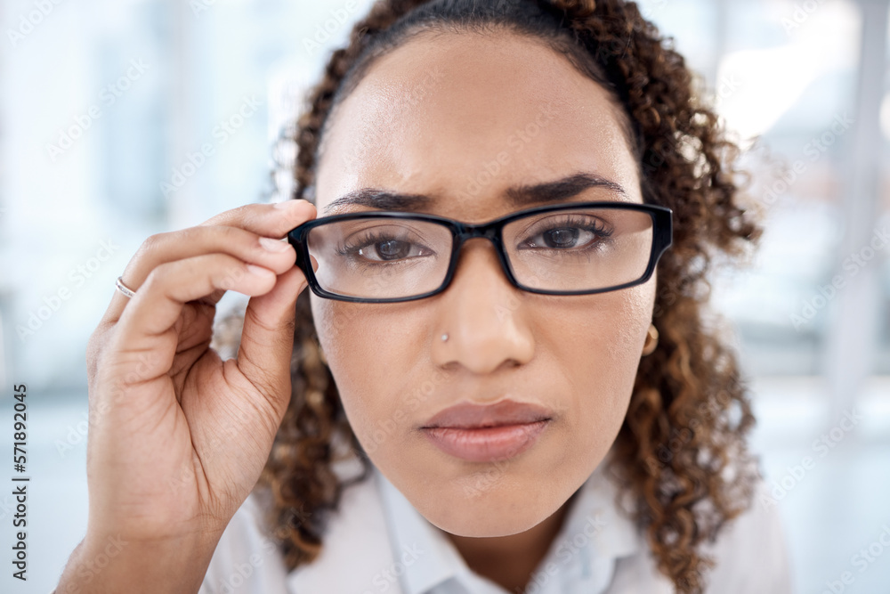 Optometry, glasses and portrait of black woman with vision problems, improve eyesight and myopia issue. Optometrist, eye strain and face of confused girl with frames, prescription lens and eyeglasses Optometry, glasses and portrait of black woman with vision problems, improve eyesight and myopia issue. Optometrist, eye strain and face of confused girl with frames, prescription lens and eyeglasses