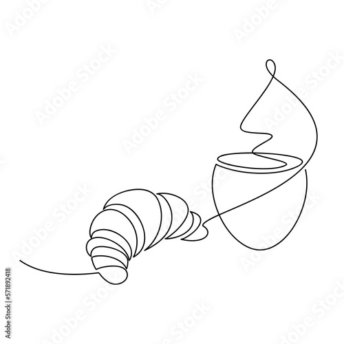 Abstract vector coffee cup, french croissant one line continuous drawing. Hand drawn linear silhouette icon. Minimal design, print, banner, card, product logo, brochure, menu, bakery shop.