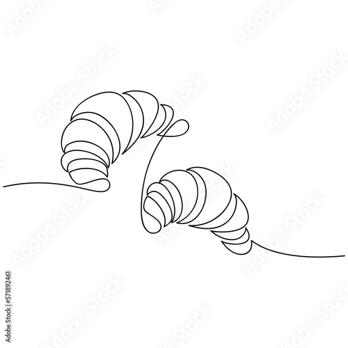 Outline french croissant one line continuous drawing. Vector illustration. Hand drawn linear silhouette icon. Minimal design element, print, banner, card, product logo, brochure, menu, bakery shop.