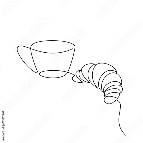 French croissant, tea coffee cup one line continuous drawing. Vector illustration. Hand drawn linear silhouette icon. Minimal design, print, banner, card, product logo, brochure, menu, bakery shop.