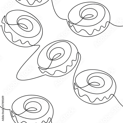 Outline doughnut icon seamless pattern. One line continuous drawing vector. Bakery shop backdrop. Linear wallpaper, cartoon background, print, wrapping paper, package design, card, banner.