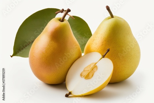 Yellow pear and a cut half on a white background. AI generated